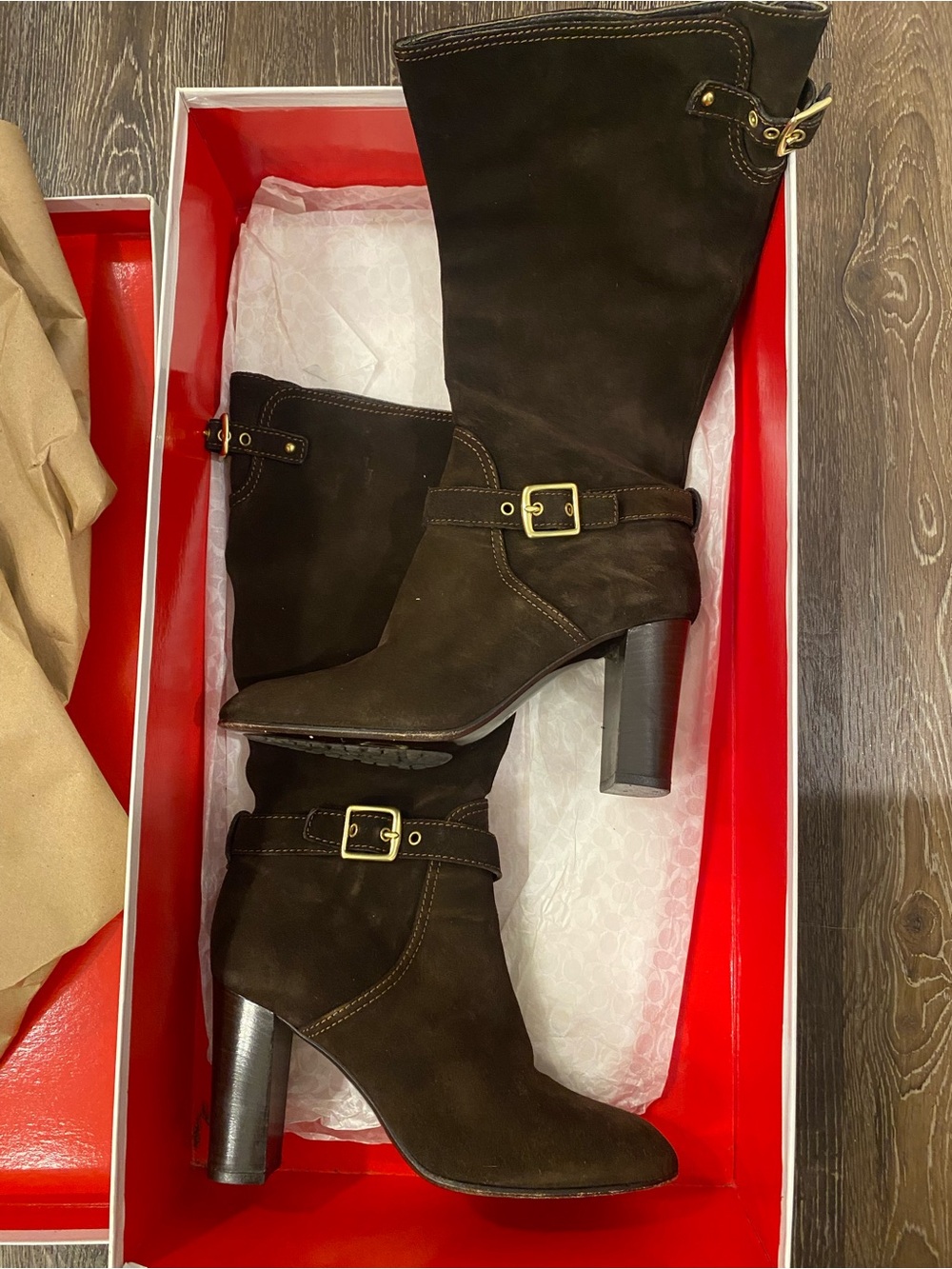 Coach Dark Brown Suede High-Heel Mid-Calf Boots with Gold Buckle Sz 8